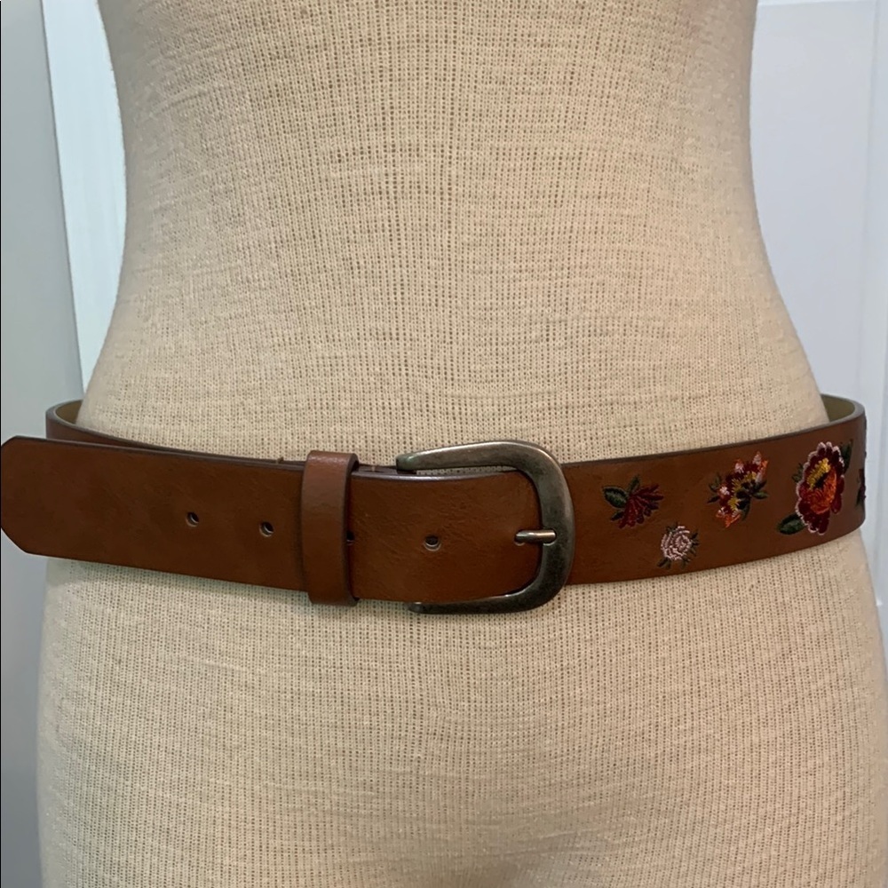 XL brown floral embroidered boho festival belt with silver buckle